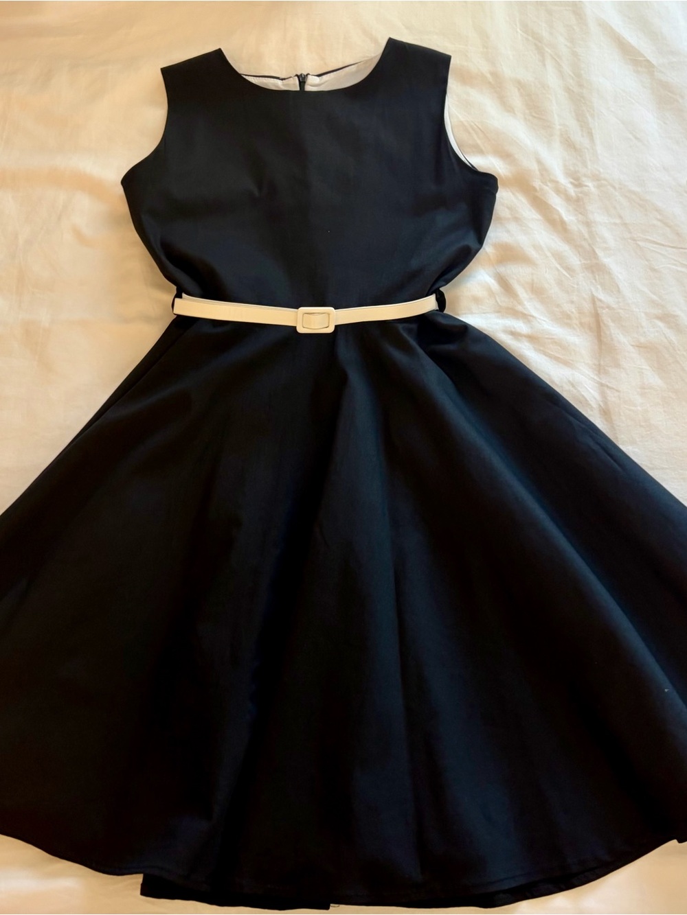 Magic Black Sleeveless Fit-and-Flare Dress with White Belt